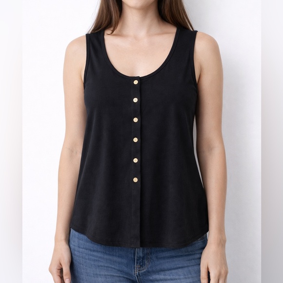 Zara Tops - ZARA Black Ribbed Button Front Top Size Medium Gold Buttons